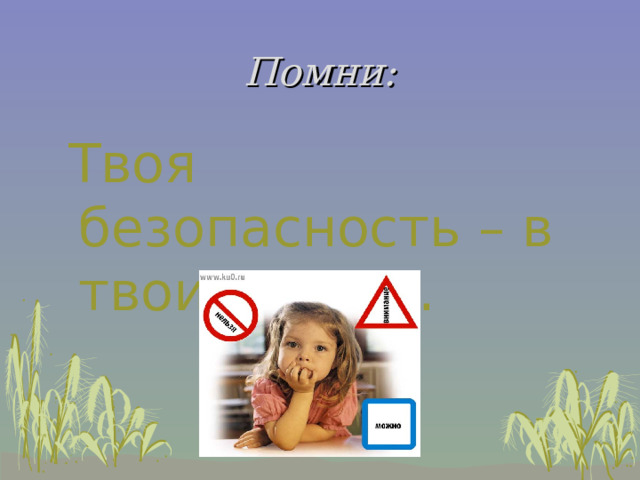 Помни:  Твоя безопасность – в твоих руках. 