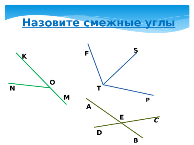 Назовите смежные углы S F K O N T M P A E C D B 