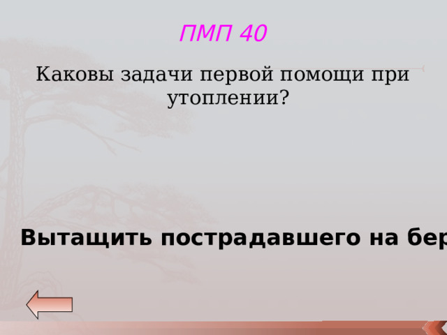 ПМП 40 Каковы задачи первой помощи при утоплении? Вытащить пострадавшего на берег и вызвать бригаду скорой помощи. 