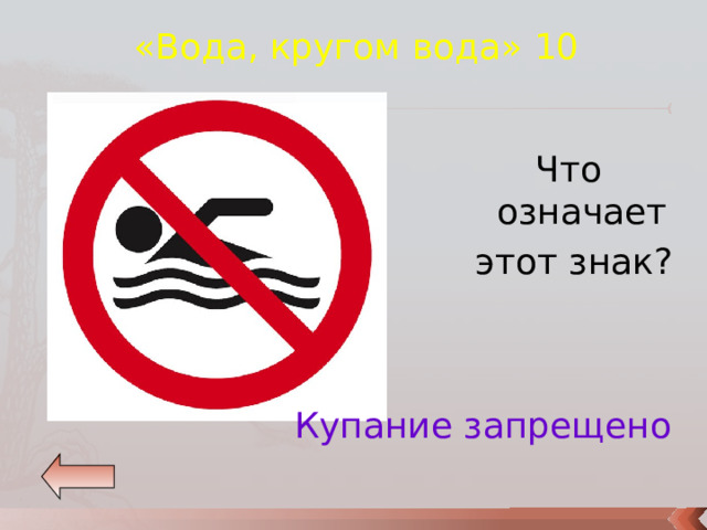 «Вода, кругом вода» 10 Что означает  этот знак? Купание запрещено 