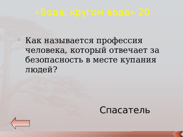 «Вода, кругом вода» 20 Как называется профессия человека, который отвечает за безопасность в месте купания людей? Спасатель  