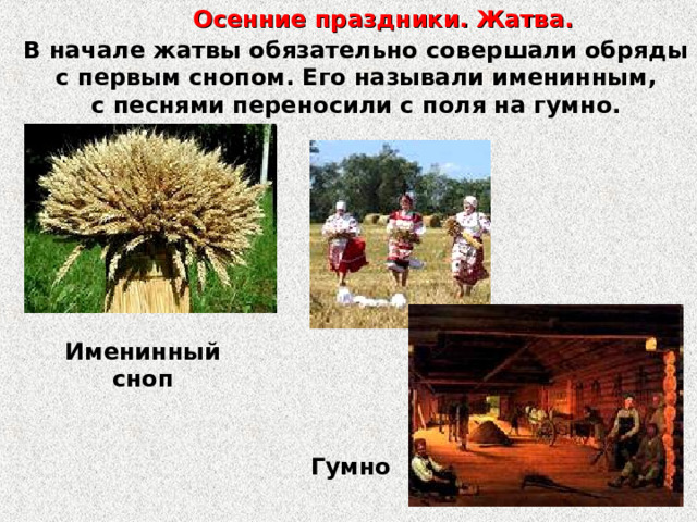  Осенние праздники. Жатва. В начале жатвы обязательно совершали обряды с первым снопом. Его называли именинным, с песнями переносили с поля на гумно. Именинный сноп Гумно 
