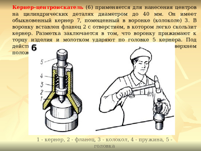 1 - кернер, 2 - фланец, 3 - колокол, 4 - пружина, 5 - головка Кернер-центроискатель (6) применяется для нанесения центров на цилиндрических деталях диаметром до 40 мм. Он имеет обыкновенный кернер 7, помещенный в воронке (колоколе) 3. В воронку вставлен фланец 2 с отверстием, в котором легко скользит кернер. Разметка заключается в том, что воронку прижимают к торцу изделия и молотком ударяют по головке 5 кернера. Под действием пружины 4 кернер всегда находится в верхнем положении. 