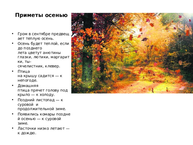 Приметы осенью   Гром в сентябре предвещает теплую осень. Осень будет теплой, если до позднего лета цветут анютины глазки, лютики, маргаритки, ты-сячелистник, клевер. Птица на крышу садится — к непогоде. Домашняя птица прячет голову под крыло — к холоду. Поздний листопад — к суровой и продолжительной зиме. Появились комары поздней осенью — к суровой зиме. Ласточки низко летают — к дождю. 