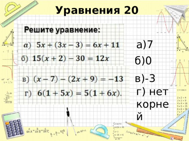 Уравнения 20 а)7 б)0 в)-3 г) нет корней 