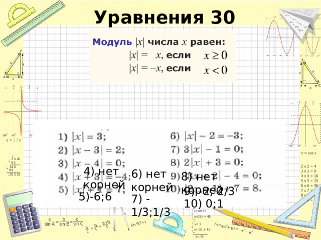 Уравнения 30 1)-3;3 4) нет корней 6) нет корней 8) нет корней 2)1;5 9) -2; 2/3 3)4 5)-6;6 7) -1/3;1/3 10) 0;1 