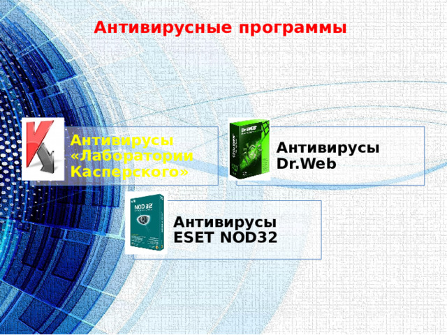 Антивирусные программы     Антивирусы «Лаборатории Касперского» Антивирусы Dr.Web Антивирусы ESET NOD32 