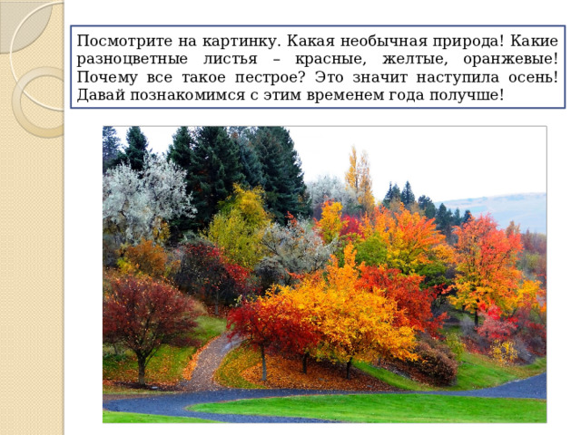 Посмотрите на картинку. Какая необычная природа! Какие разноцветные листья – красные, желтые, оранжевые! Почему все такое пестрое? Это значит наступила осень! Давай познакомимся с этим временем года получше! 