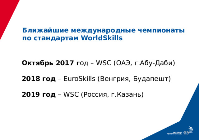 Ближайшие международные чемпионаты по стандартам WorldSkills Октябрь 2017 г од – WSС (ОАЭ, г.Абу-Даби) 2018 год – EuroSkills (Венгрия, Будапешт) 2019 год – WSС (Россия, г.Казань)  