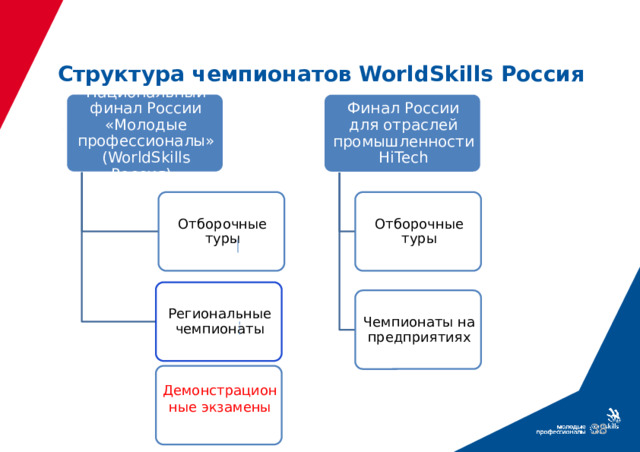 Структура чемпионатов WorldSkills Россия Национальный финал России «Молодые профессионалы» (WorldSkills Россия)» Финал России для отраслей промышленности HiTech Отборочные туры Отборочные туры Региональные чемпионаты Чемпионаты на предприятиях Демонстрационные экзамены 38 