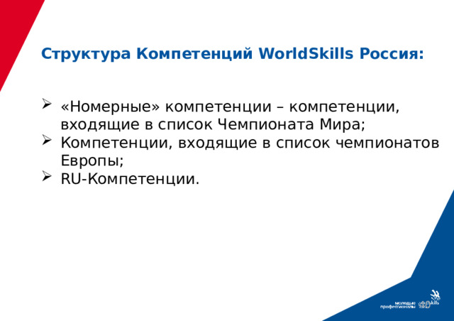 Структура Компетенций WorldSkills Россия: «Номерные» компетенции – компетенции, входящие в список Чемпионата Мира; Компетенции, входящие в список чемпионатов Европы; RU-Компетенции. 39 