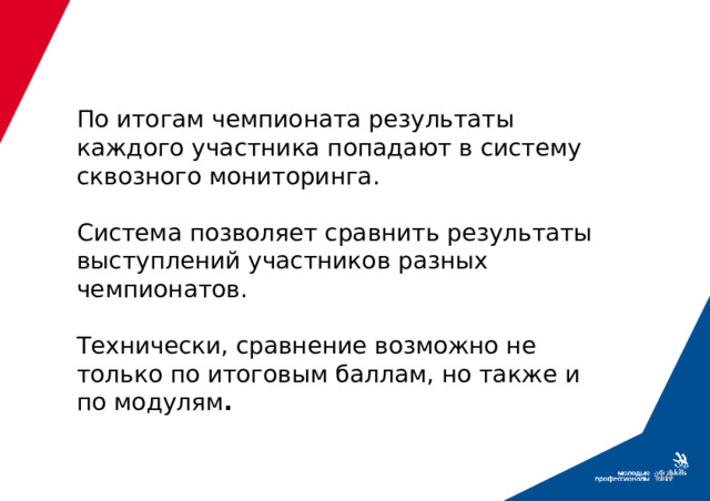 По итогам чемпионата результаты каждого участника попадают в систему сквозного мониторинга.   Система позволяет сравнить результаты выступлений участников разных чемпионатов.   Технически, сравнение возможно не только по итоговым баллам, но также и по модулям . 39 