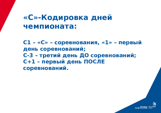 «С»-Кодировка дней чемпионата:   С1 – «С» – соревнования, «1» – первый день соревнований;  С-3 – третий день ДО соревнований;  С+1 – первый день ПОСЛЕ соревнований. 39 