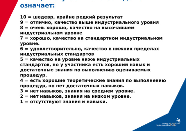 В общем случае шкала от 1 до 10 означает:   10 = шедевр, крайне редкий результат  9 = отлично, качество выше индустриального уровня  8 = очень хорошо, качество на высочайшем индустриальном уровне  7 = хорошо, качество на стандартном индустриальном уровне.  6 = удовлетворительно, качество в нижних пределах индустриальных стандартов  5 = качество на уровне ниже индустриальных стандартов, но у участника есть хороший навык и достаточные знания по выполнению оцениваемых процедур.  4 = есть хорошие теоретические знания по выполнению процедур, но нет достаточных навыков.  3 = нет навыков, знания на среднем уровне.  2 = нет навыков, знания на низком уровне.  1 = отсутствуют знания и навыки.    