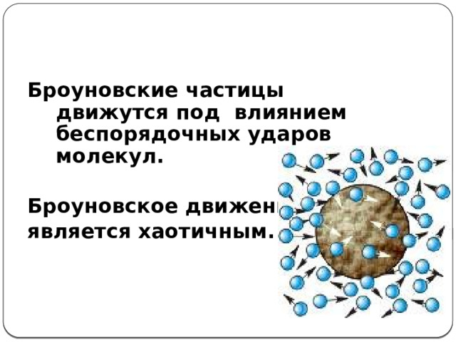   Броуновские частицы движутся под влиянием беспорядочных ударов молекул.  Броуновское движение является хаотичным. 