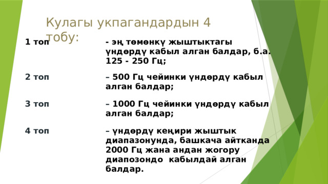 Кулагы укпагандардын 4 тобу: 1 топ - эң төмөнкү жыштыктагы үндөрдү кабыл алган балдар, б.а. 125 - 250 Гц; 2 топ – 500 Гц чейинки үндөрдү кабыл алган балдар; 3 топ – 1000 Гц чейинки үндөрдү кабыл алган балдар; 4 топ – үндөрдү кеңири жыштык диапазонунда, башкача айтканда 2000 Гц жана андан жогору диапозондо кабылдай алган балдар. 