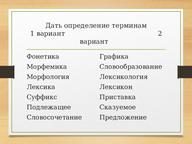 Дать определение терминам  1 вариант 2 вариант Фонетика Морфемика Морфология Лексика Суффикс Подлежащее Словосочетание Графика Словообразование Лексикология Лексикон Приставка Сказуемое Предложение 