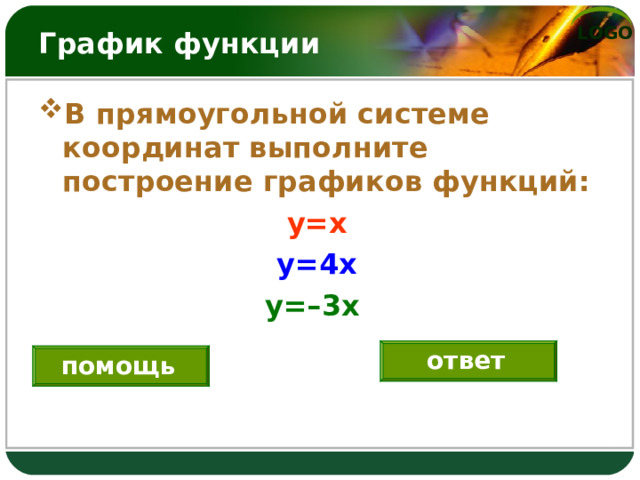 График функции В прямоугольной системе координат выполните построение графиков функций:  y=x y=4x y=–3x  ответ помощь 
