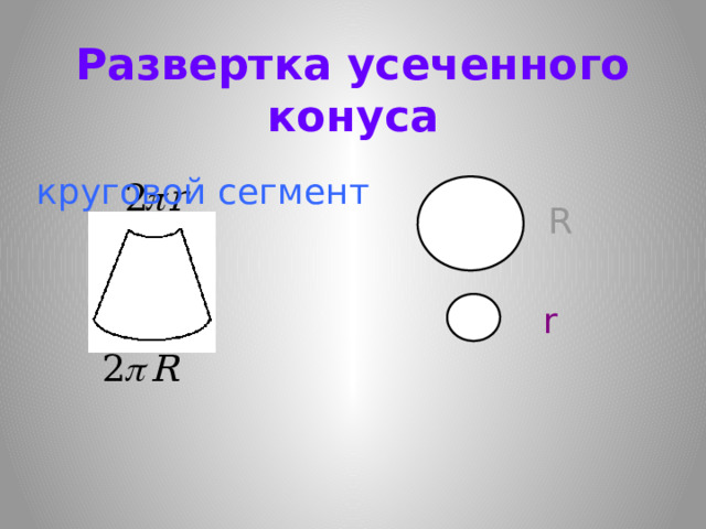 Развертка усеченного конуса круговой сегмент R r  