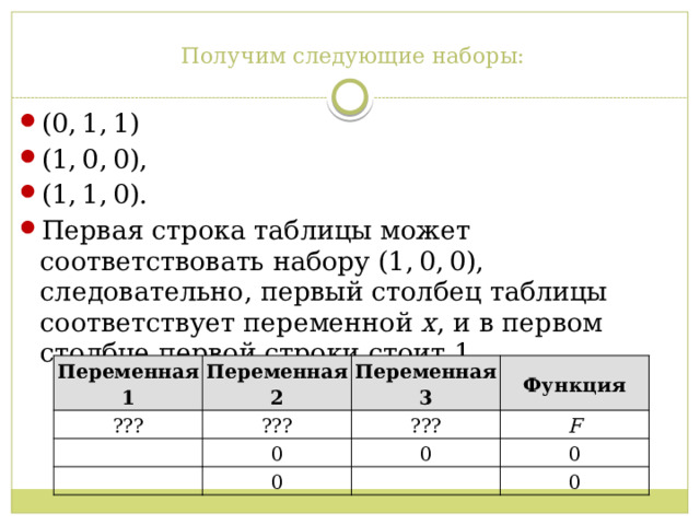 Получим следующие наборы:   (0, 1, 1) (1, 0, 0), (1, 1, 0). Первая строка таблицы может соответствовать набору (1, 0, 0), следовательно, первый столбец таблицы соответствует переменной  x , и в первом столбце первой строки стоит 1. Переменная 1 Переменная 2 ??? Переменная 3 ??? Функция ??? 0 F 0 0 0 0 