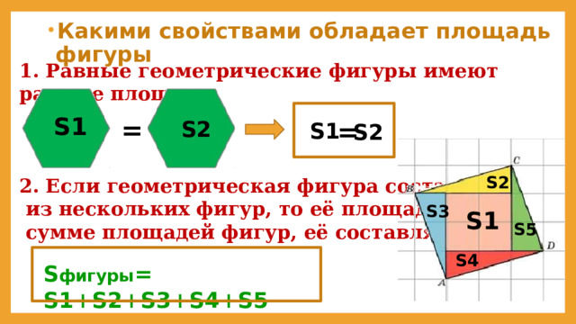 Какими свойствами обладает площадь фигуры 1. Равные геометрические фигуры имеют равные площади S1 = = S2 S1 S2 S2 2. Если геометрическая фигура составлена  из нескольких фигур, то её площадь равна  сумме площадей фигур, её составляющих. S3 S1 S5 S4 S фигуры = S1+S2+S3+S4+S5 