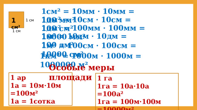 1см² = 10мм · 10мм = 100 мм² 1дм² = 10см · 10см = 100 см² 1 см² 1 см 1дм² = 100мм · 100мм = 10000 мм² 1 см 1м² = 10дм · 10дм = 100 дм² 1м² = 100см · 100см = 10000 см² 1км² = 1000м · 1000м = 1000000 м² Особые меры площади 1 ар 1а = 10м·10м =100м² 1а = 1сотка 1 га 1га = 10а·10а =100а² 1га = 100м·100м =10000м² 