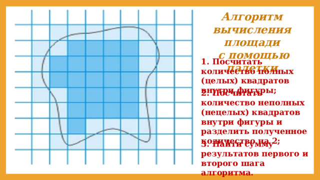 Алгоритм вычисления площади  с помощью палетки 1. Посчитать количество полных (целых) квадратов внутри фигуры; 2. Посчитать количество неполных (нецелых) квадратов внутри фигуры и разделить полученное количество на 2; 3. Найти сумму результатов первого и второго шага алгоритма. 