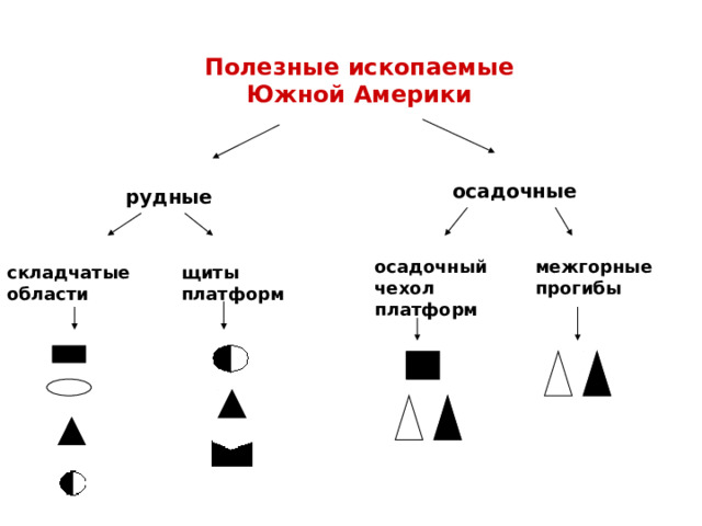 Полезные ископаемые Южной Америки осадочные рудные межгорные прогибы осадочный чехол платформ щиты платформ складчатые области 