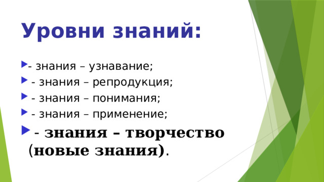 Уровни знаний: - знания – узнавание;  - знания – репродукция;  - знания – понимания;  - знания – применение;  - знания – творчество ( новые знания) . 