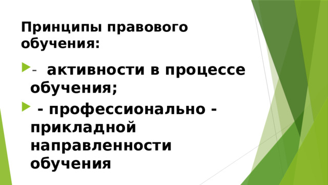 Принципы правового обучения: - активности в процессе обучения;  - профессионально - прикладной направленности обучения 