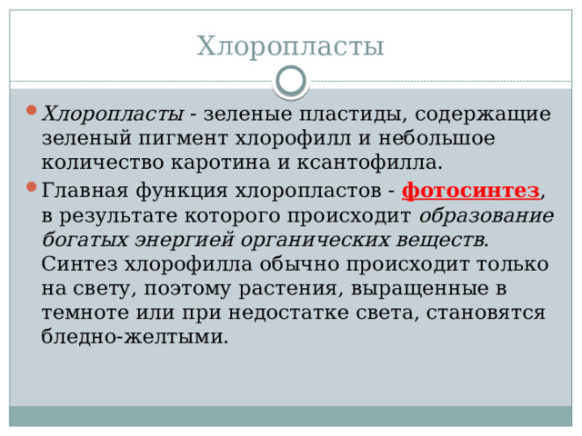 Хлоропласты Хлоропласты - зеленые пластиды, содержащие зеленый пигмент хлорофилл и небольшое количество каротина и ксантофилла. Главная функция хлоропластов - фотосинтез , в результате которого происходит образование богатых энергией органических веществ . Синтез хлорофилла обычно происходит только на свету, поэтому растения, выращенные в темноте или при недостатке света, становятся бледно-желтыми. 