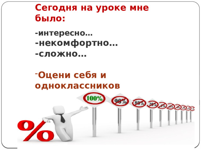 Сегодня на уроке мне было: -интересно… -некомфортно… -сложно…  Оцени себя и одноклассников 