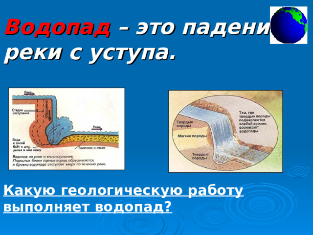Водопад – это падение реки с уступа. Какую геологическую работу выполняет водопад? 