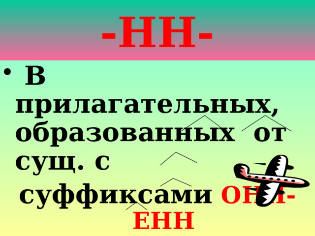 -НН-  В прилагательных, образованных от сущ. с суффиксами ОНН-ЕНН Авиацио нн ый Клюкве нн ый Ветре н ый (искл) 