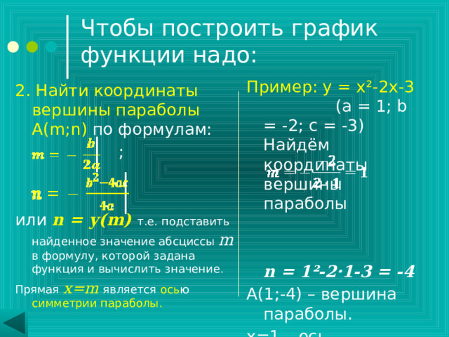 Чтобы построить график функции надо:     Пример: у = х ²-2х-3 (а = 1; b = -2; с = -3) Найдём координаты вершины параболы  n  = 1²-2·1-3 = -4 А(1;-4) – вершина параболы. х=1 – ось симметрии параболы. 2. Найти координаты вершины параболы А( m;n) по формулам:  ; или n = у(m)  т.е. подставить найденное значение абсциссы m в формулу, которой задана функция и вычислить значение. Прямая x=m является ось ю симметрии параболы. 