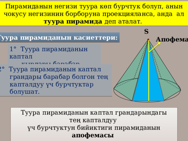 Пирамиданын негизи туура көп бурчтук болуп, анын чокусу негизинин борборуна проекцияланса, анда ал туура пирамида деп аталат. S Туура пирамиданын касиеттери: Апофема 1° Туура пирамиданын каптал  кырлары барабар. 2° Туура пирамиданын каптал  грандары барабар болгон тең  капталдуу үч бурчтуктар  болушат. Н  Туура пирамиданын каптал грандарындагы тең капталдуу үч бурчтуктун бийиктиги пирамиданын апофемасы деп аталат. 