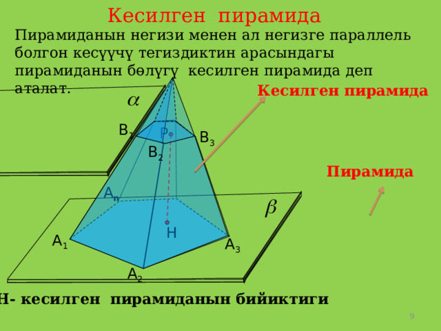 Кесилген пирамида Пирамиданын негизи менен ал негизге параллель болгон кесүүчү тегиздиктин арасындагы пирамиданын бөлүгү кесилген пирамида деп аталат. Кесилген пирамида В 1 Р В 3 В 2  Пирамида А n Н А 1 А 3 А 2  РН- кесилген пирамиданын бийиктиги 9 