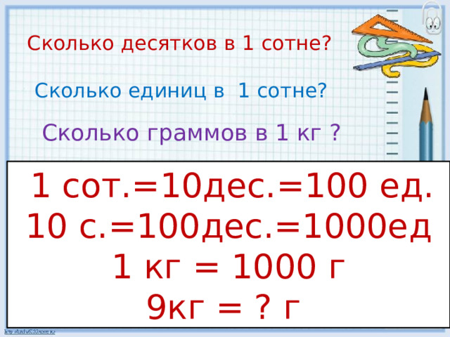 Сколько десятков в 1 сотне? Сколько единиц в 1 сотне? Сколько граммов в 1 кг ?  1 сот.=10дес.=100 ед. 10 с.=100дес.=1000ед 1 кг = 1000 г 9кг = ? г 