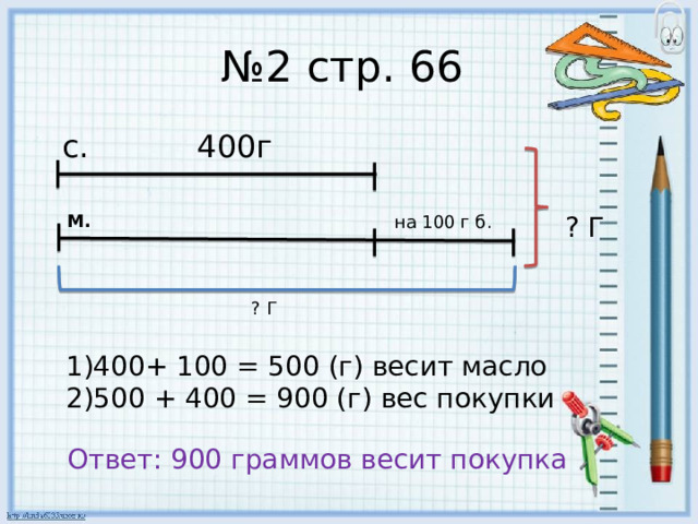 ? Г № 2 стр. 66  с. 400г М. ? Г на 100 г б. 1)400+ 100 = 500 (г) весит масло 2)500 + 400 = 900 (г) вес покупки Ответ: 900 граммов весит покупка 