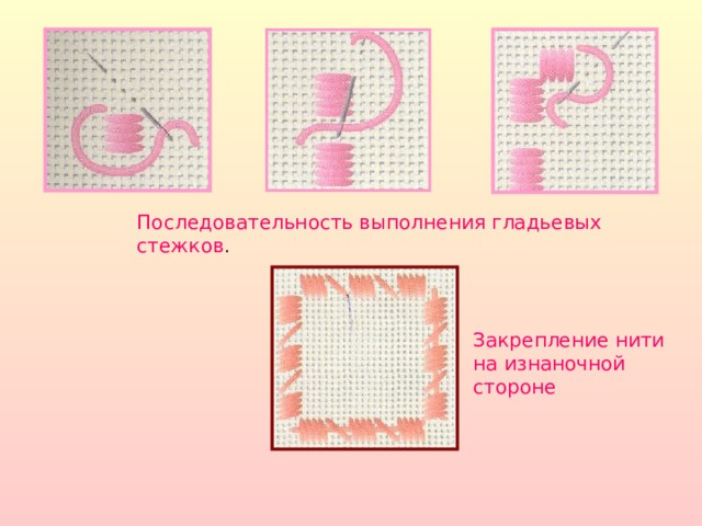 Последовательность выполнения гладьевых стежков . Закрепление нити на изнаночной стороне 