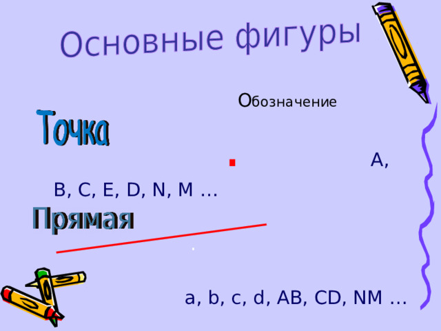  О бозначение  .  А, В, С, Е, D, N, M …    .   a, b, c, d, AB, CD, NM …  