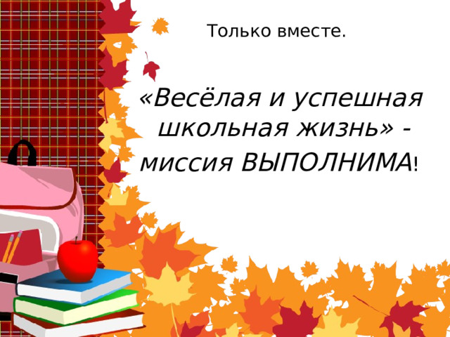 Только вместе. «Весёлая и успешная школьная жизнь» - миссия ВЫПОЛНИМА ! 