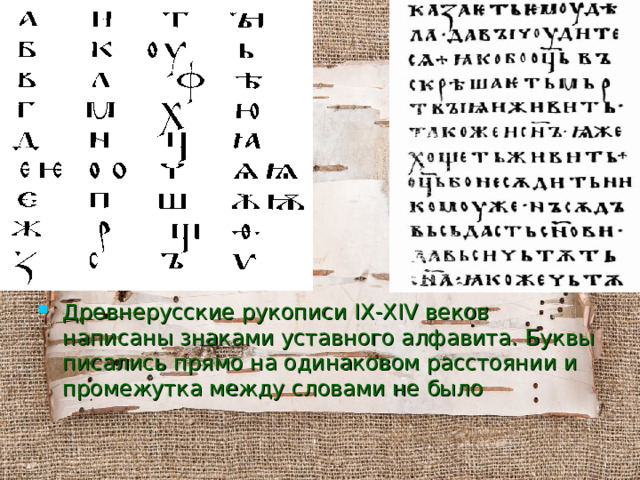 Древнерусские рукописи IX-XIV веков написаны знаками уставного алфавита. Буквы писались прямо на одинаковом расстоянии и промежутка между словами не было 