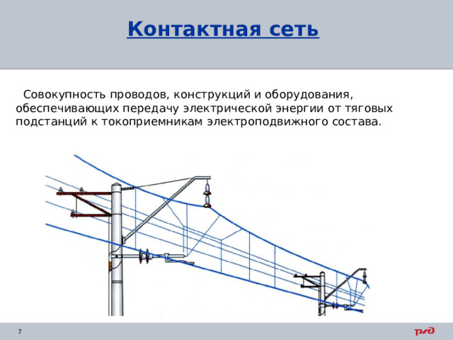 Контактная сеть  Совокупность проводов, конструкций и оборудования, обеспечивающих передачу электрической энергии от тяговых подстанций к токоприемникам электроподвижного состава. 