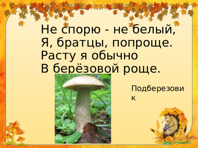 Не спорю - не белый,  Я, братцы, попроще.  Расту я обычно  В берёзовой роще. Подберезовик 