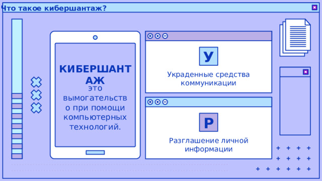 Что такое кибершантаж? У КИБЕРШАНТАЖ Украденные средства коммуникации это вымогательство при помощи компьютерных технологий. Р Разглашение личной информации 