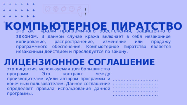 КОМПЬЮТЕРНОЕ ПИРАТСТВО это акт кражи программного обеспечения, защищенного законом. В данном случае кража включает в себя незаконное копирование, распространение, изменение или продажу программного обеспечения. Компьютерное пиратство является незаконным действием и преследуется по закону. ЛИЦЕНЗИОННОЕ СОГЛАШЕНИЕ это лицензия, используемая для большинства программ. Это контракт между производителем и/или автором программы и конечным пользователем. Данное соглашение определяет правила использования данной программы. 