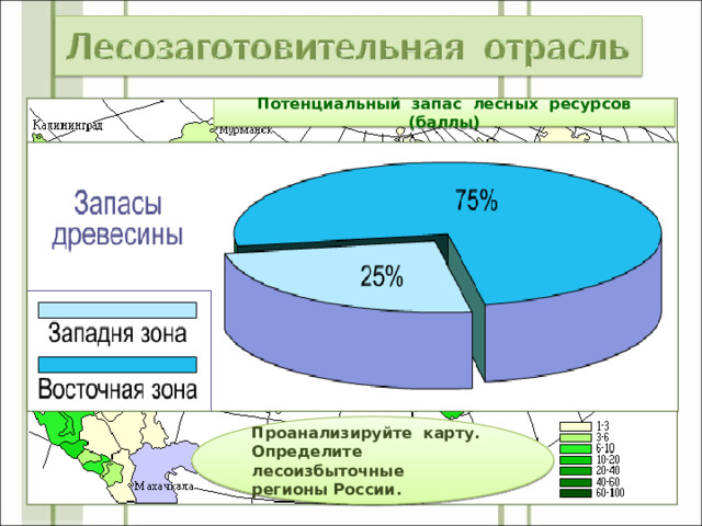 Потенциальный запас лесных ресурсов (баллы) Проанализируйте карту. Определите лесоизбыточные регионы России. 