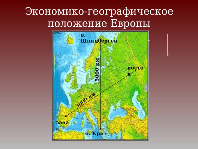 3000 км 5000 км Экономико-географическое положение Европы о. Шпицберген восток запад о. Крит 