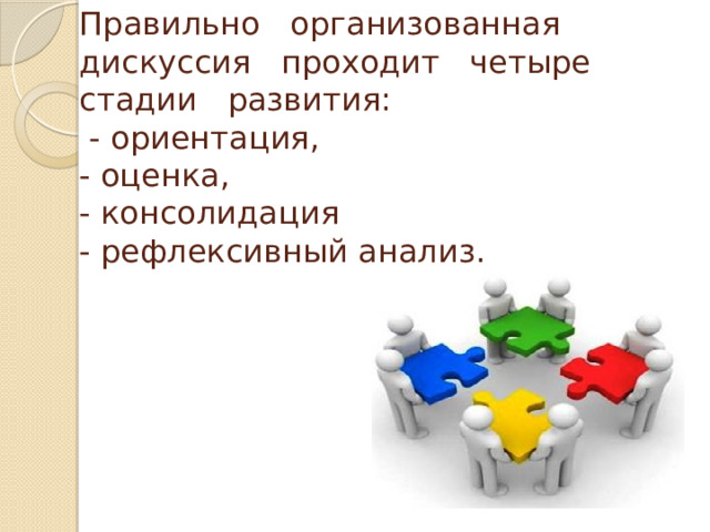Правильно организованная дискуссия проходит четыре стадии развития:  - ориентация,  - оценка,  - консолидация  - рефлексивный анализ.    